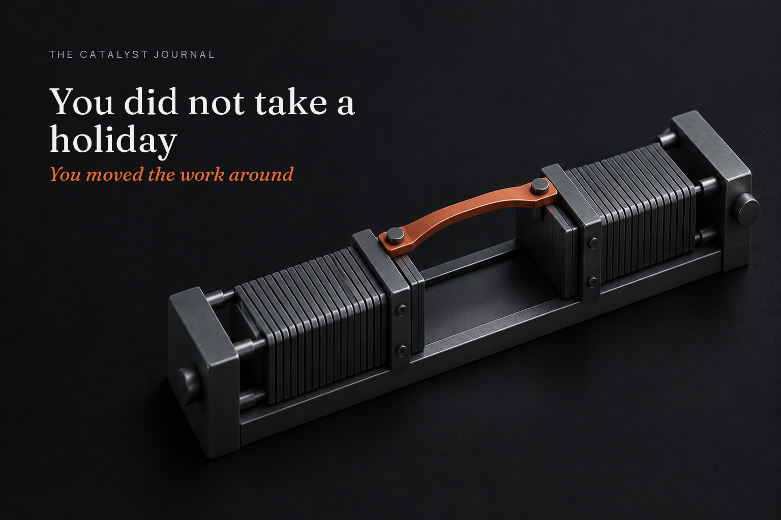 A graphite scheduling rail compresses task plates on both sides of an empty bay, bridged by one terracotta lever.