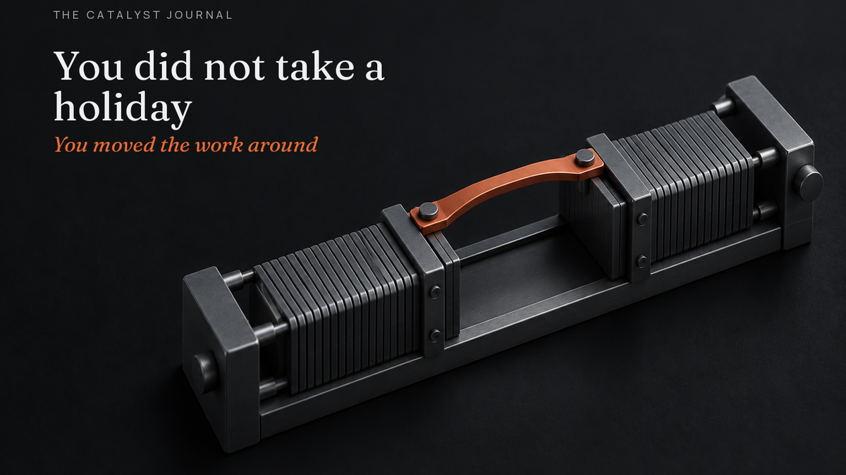 A graphite scheduling rail compresses task plates on both sides of an empty bay, bridged by one terracotta lever.