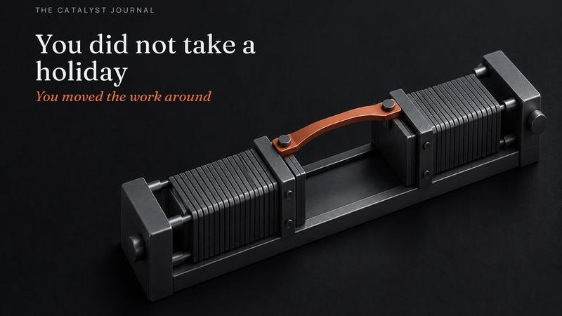 A graphite scheduling rail compresses task plates on both sides of an empty bay, bridged by one terracotta lever.