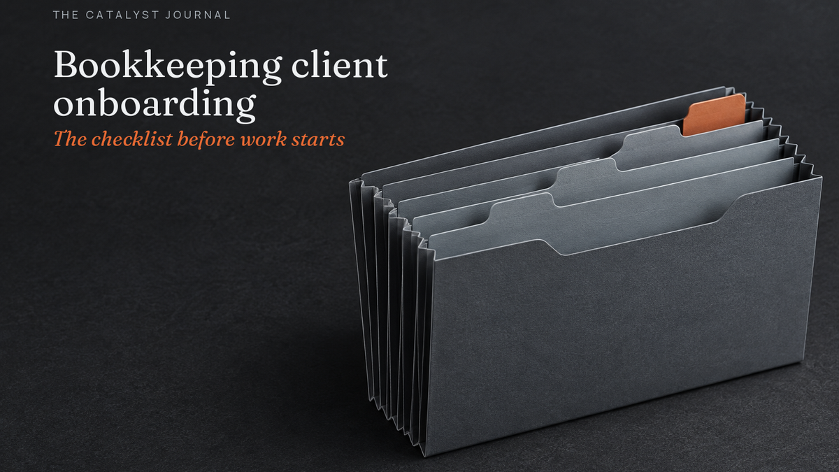 Graphite accordion file with a terracotta completion tab for a bookkeeping client onboarding checklist.