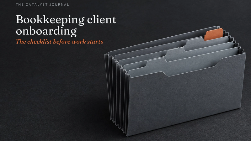 Graphite accordion file with a terracotta completion tab for a bookkeeping client onboarding checklist.