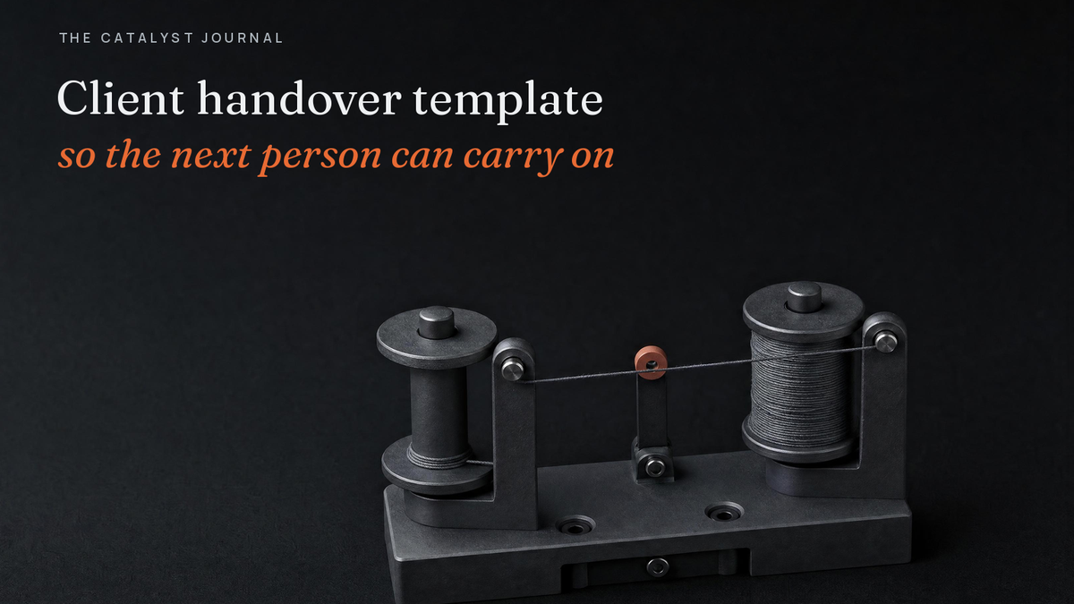 Graphite thread-winding mechanism passing one unbroken thread from an almost empty bobbin to a full one through a terracotta guide, a client handover template that keeps the relationship intact.