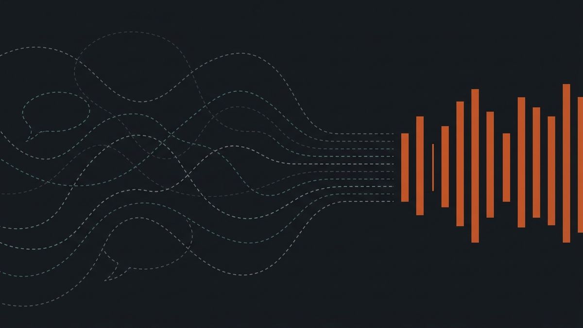 Flowing dashed lines resolving into orderly orange bars, representing conversation turning into structured work