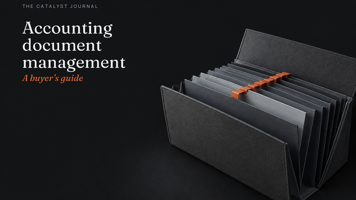 Catalyst Journal cover with a graphite archival folio and terracotta index tab marking retained review evidence.