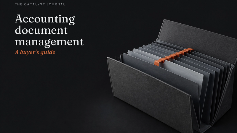 Catalyst Journal cover with a graphite archival folio and terracotta index tab marking retained review evidence.