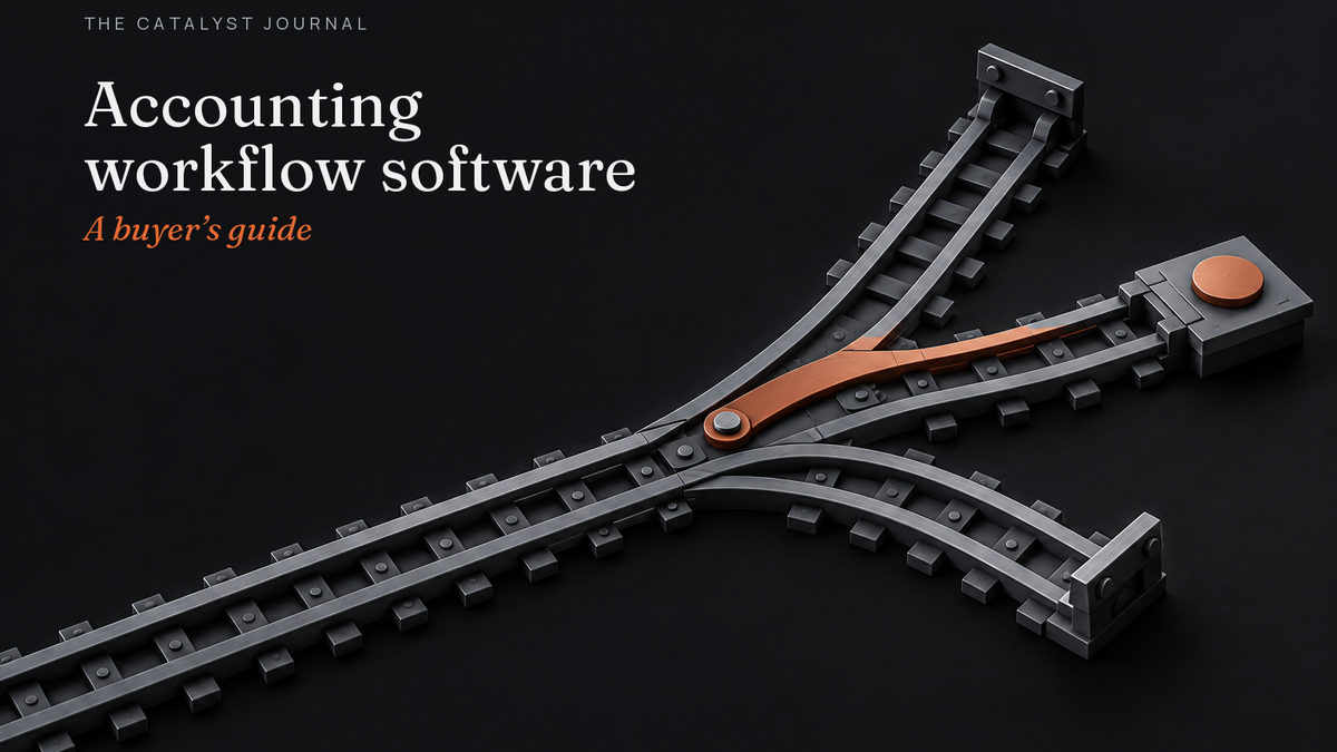 Catalyst Journal cover with graphite workflow tracks and a terracotta switch that routes exceptions into review.