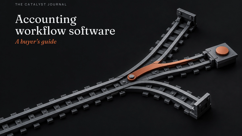 Catalyst Journal cover with graphite workflow tracks and a terracotta switch that routes exceptions into review.
