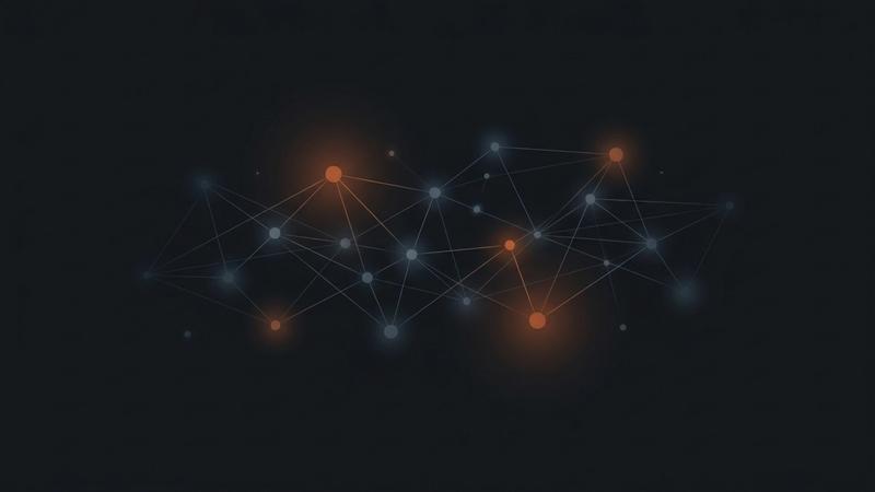 A constellation of connected nodes with key links highlighted in orange, representing connected organisational memory