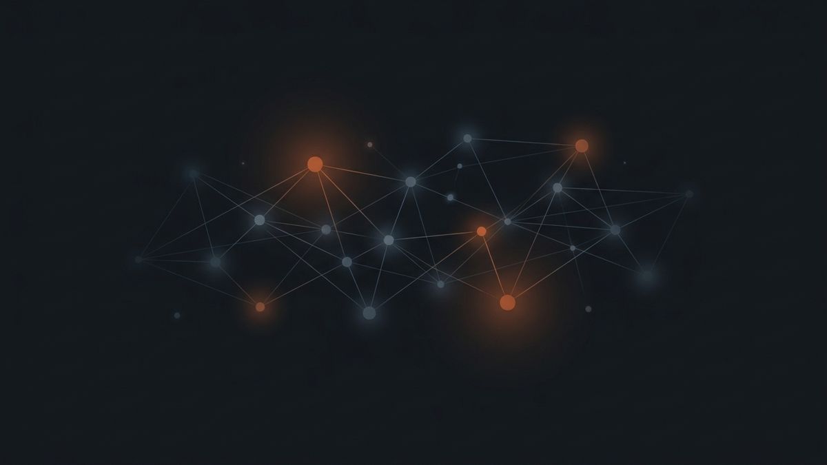 A constellation of connected nodes with key links highlighted in orange, representing connected organisational memory