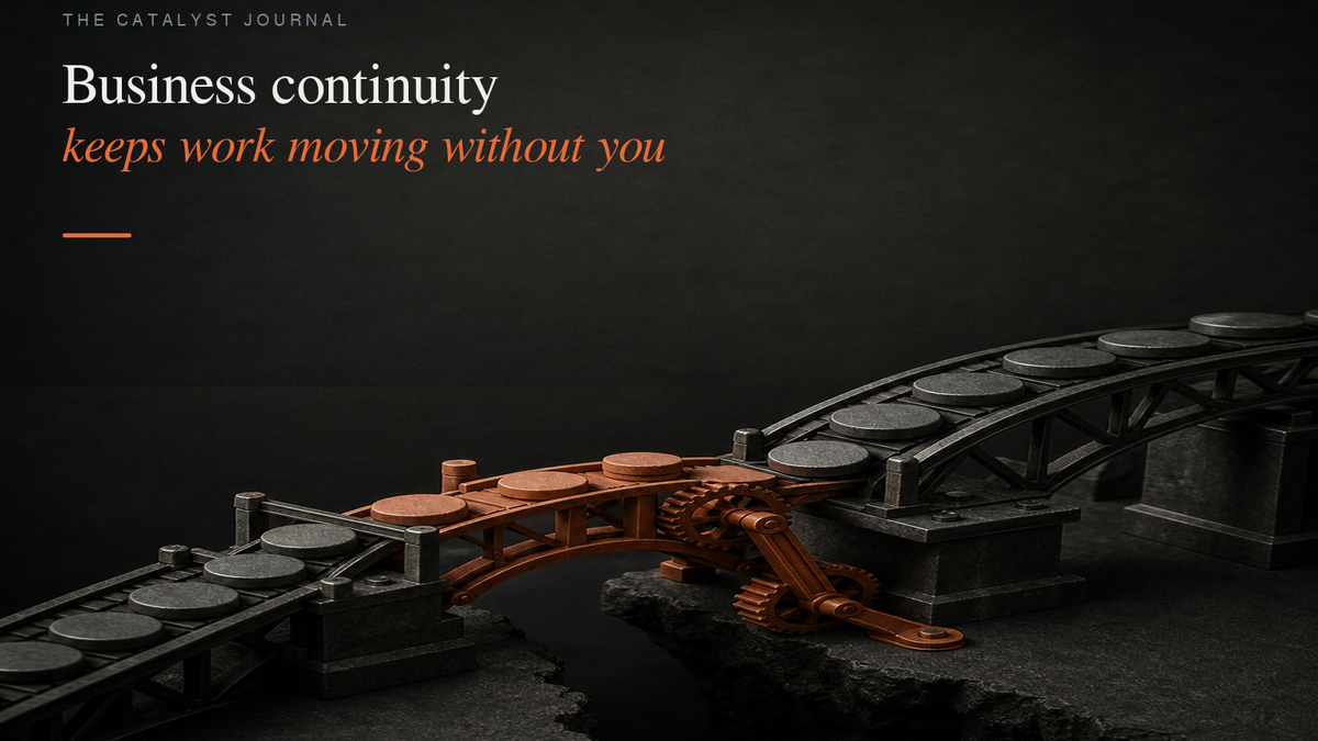 A graphite mechanical bridge with a terracotta backup route carrying work safely around an unavailable central support.