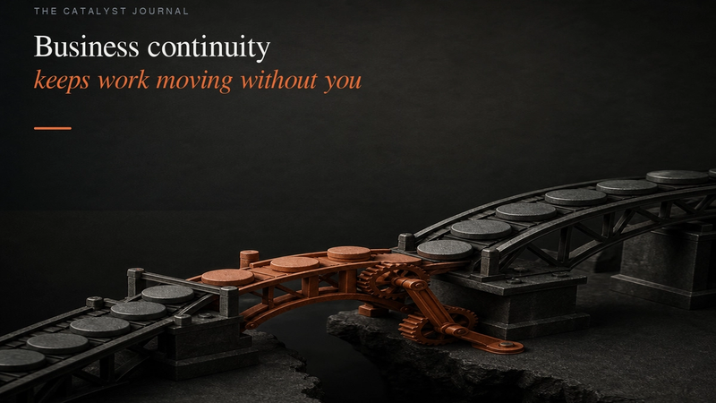 A graphite mechanical bridge with a terracotta backup route carrying work safely around an unavailable central support.