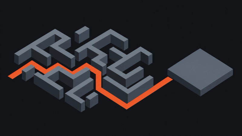 A clear terracotta path through a maze of manual steps towards a useful AI module.