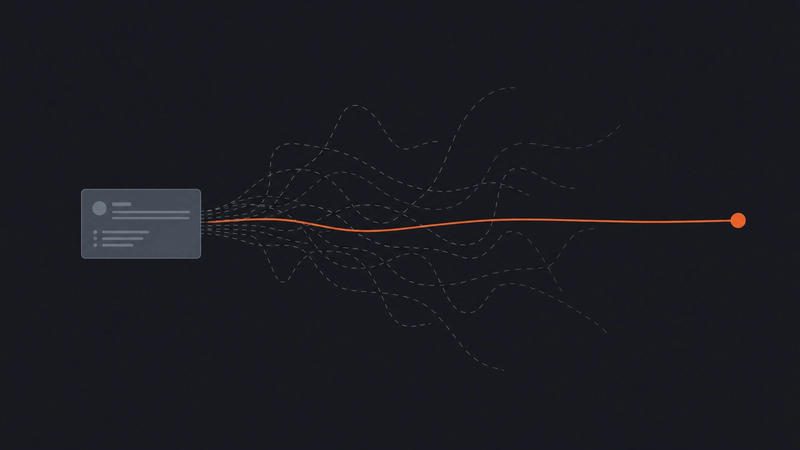 A CRM record as a small grey rectangle with scattered context lines resolving into one solid orange line, representing the gap between a CRM and a system that remembers.
