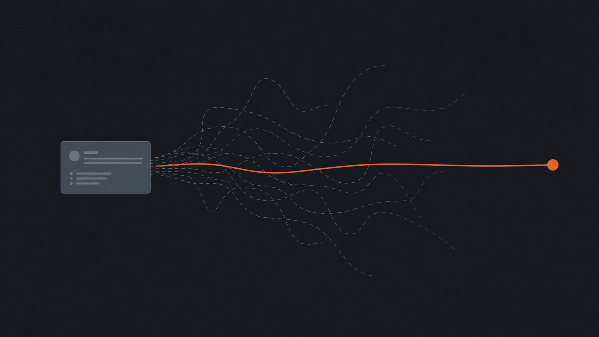A CRM record as a small grey rectangle with scattered context lines resolving into one solid orange line, representing the gap between a CRM and a system that remembers.