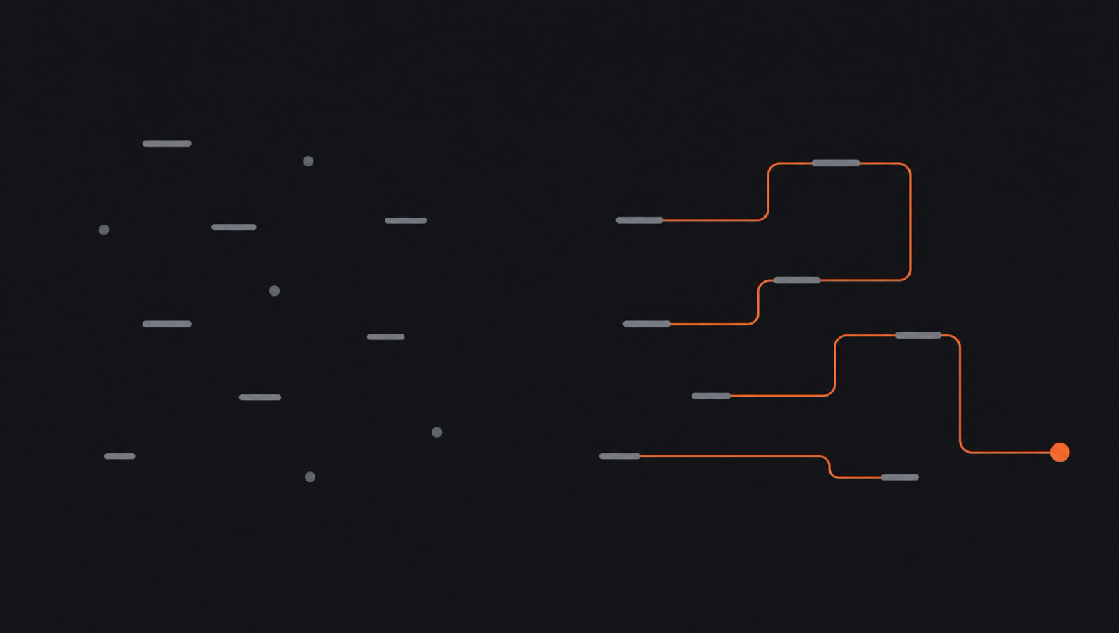 Comparison diagram showing disconnected grey dashes on the left for a CRM versus connected dashes resolving into one orange line on the right for a system that remembers client context.