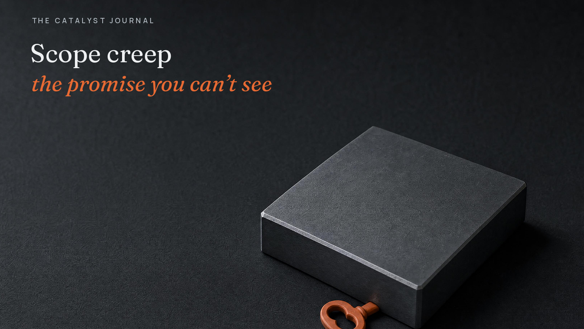 Graphite block with a small terracotta key half hidden underneath it, showing how scope creep starts with a promise the team cannot see.
