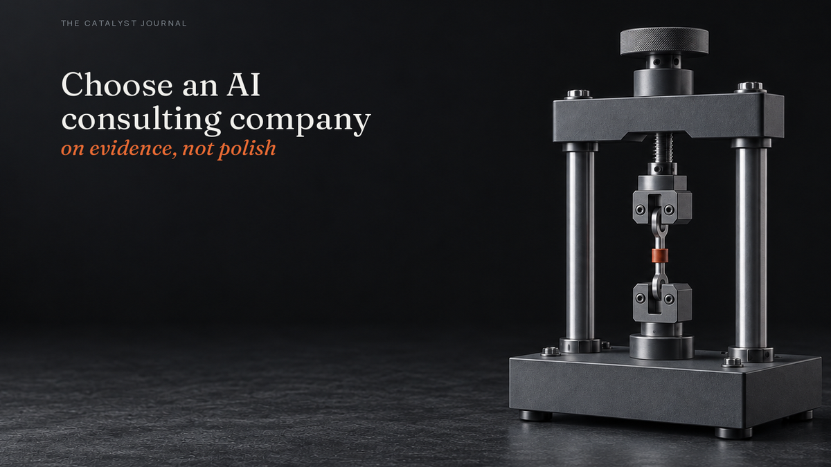 Catalyst editorial cover showing a graphite tensile-test stand with a terracotta witness collar, representing choosing an AI consulting company through evidence.