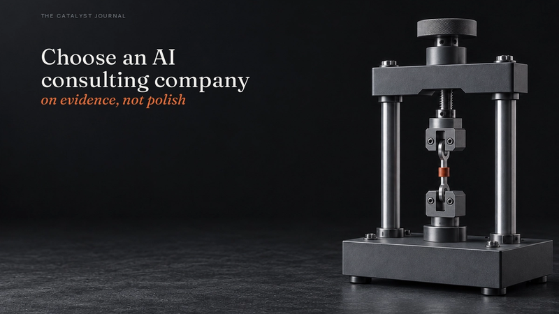 Catalyst editorial cover showing a graphite tensile-test stand with a terracotta witness collar, representing choosing an AI consulting company through evidence.