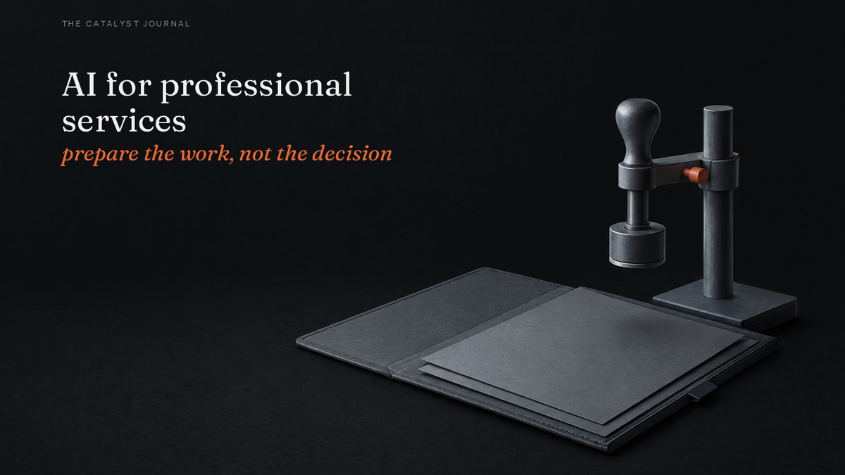 An assembled graphite client folio beneath a raised approval stamp, held above the pages by a terracotta locking control.