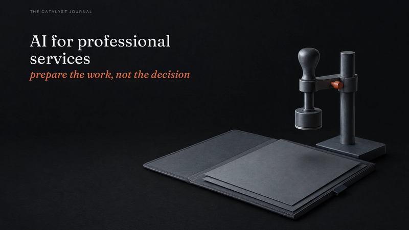 An assembled graphite client folio beneath a raised approval stamp, held above the pages by a terracotta locking control.