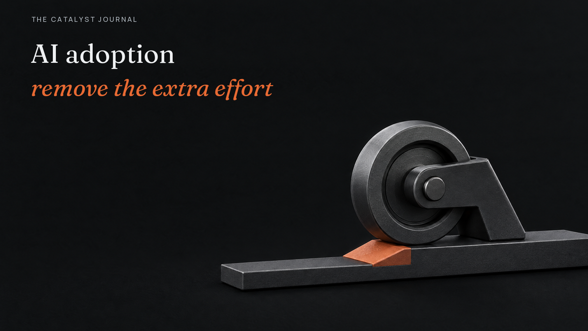 A graphite wheel meets a small raised threshold bridged by a terracotta ramp, showing avoidable effort removed from an AI workflow.