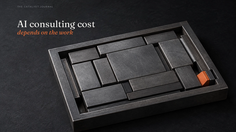 Catalyst editorial cover showing a graphite printer's chase locked by a terracotta quoin, representing AI consulting cost depending on defined work.