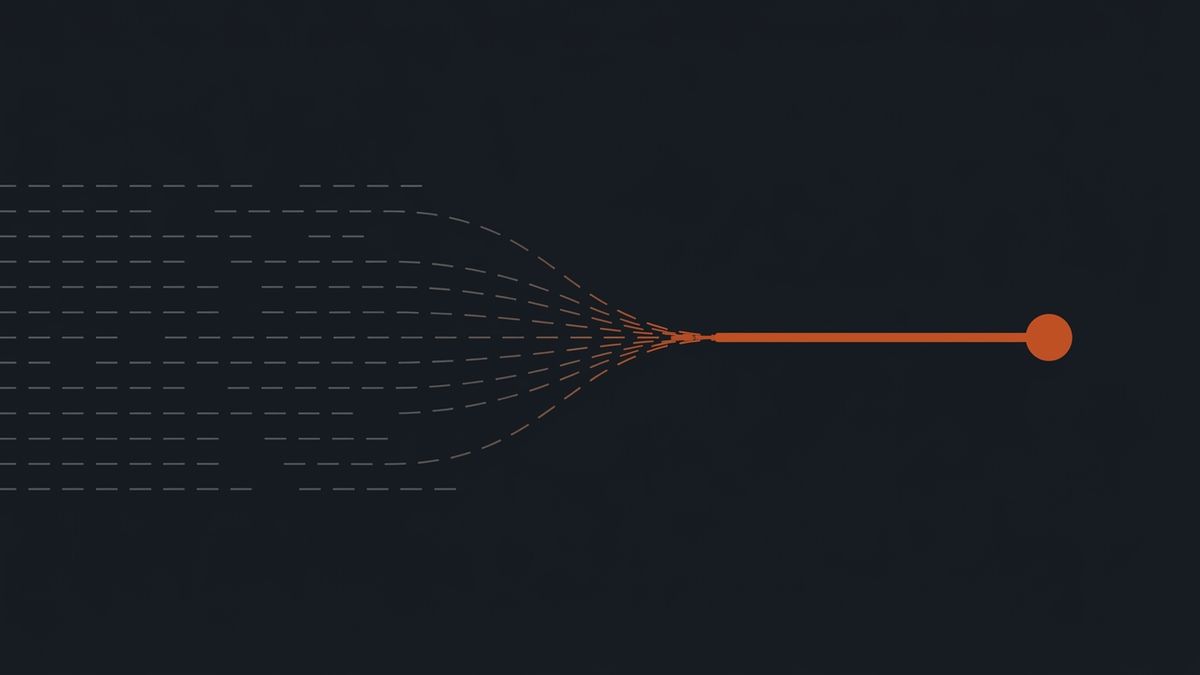 Faint dashed lines converging into a single solid orange line and dot, representing scattered context consolidating into reliable infrastructure