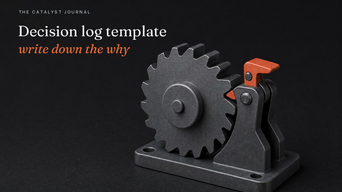 Graphite ratchet wheel held by a terracotta pawl, a decision log template that keeps settled decisions from slipping back.