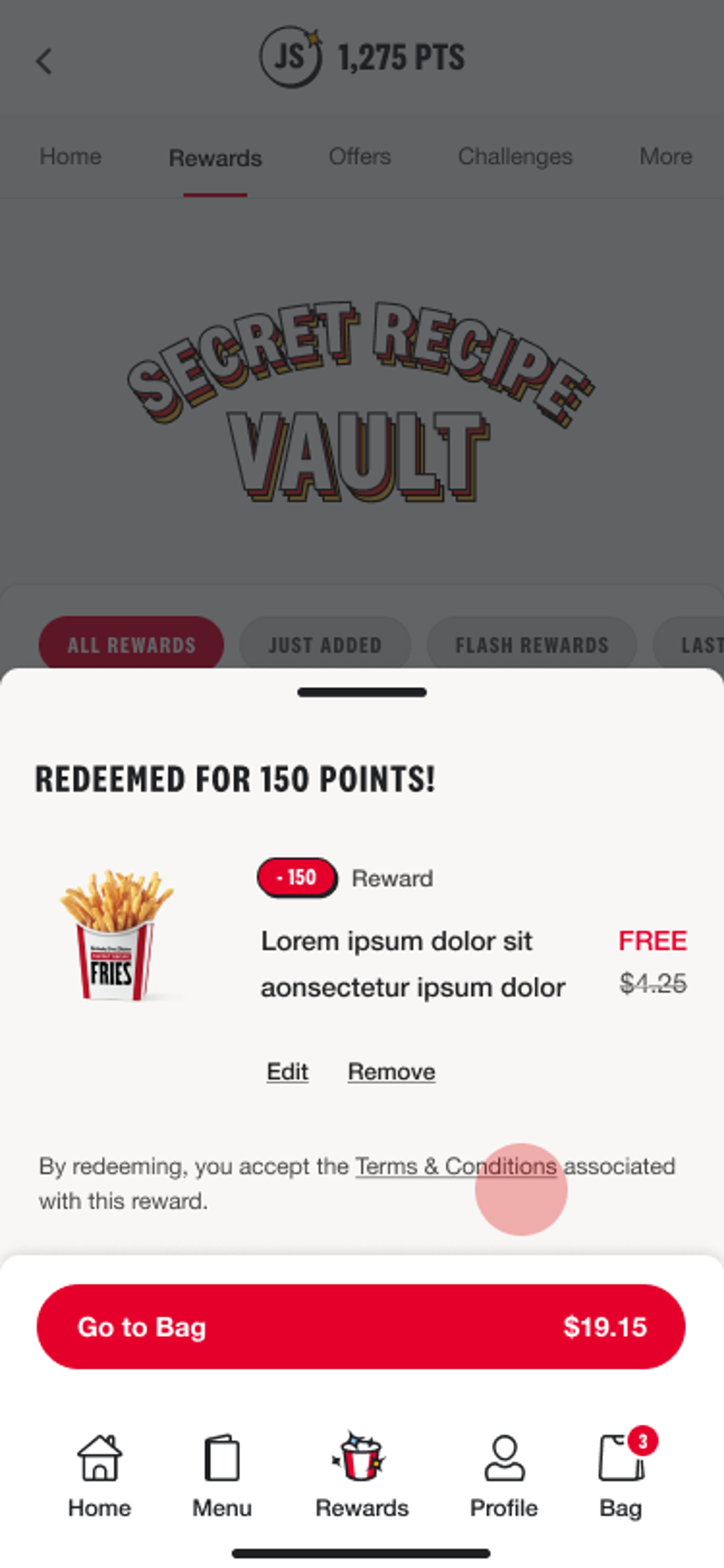 KFC Rewards Secret Recipe Vault with a redeemed reward