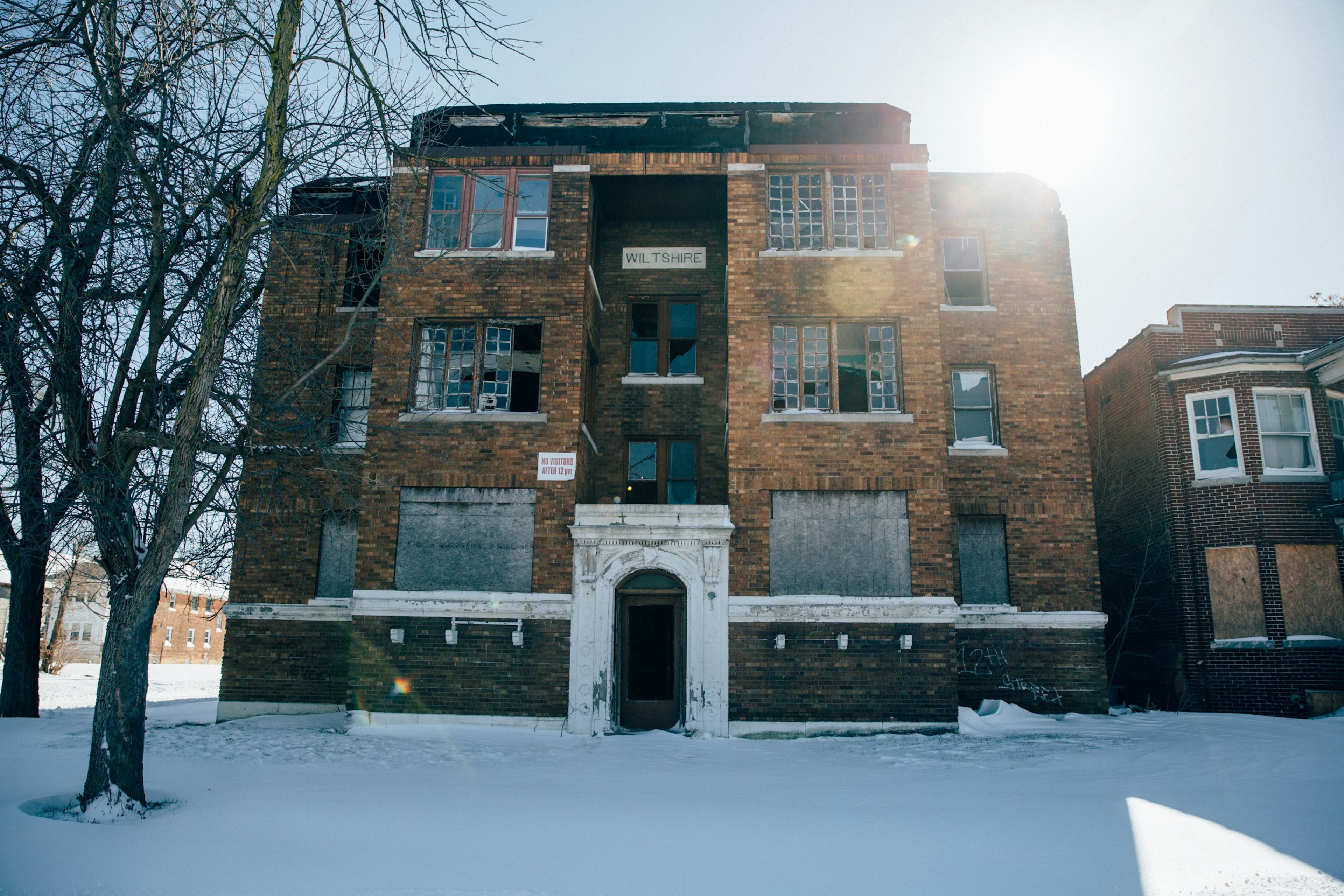 Brick apartment building in winter sun