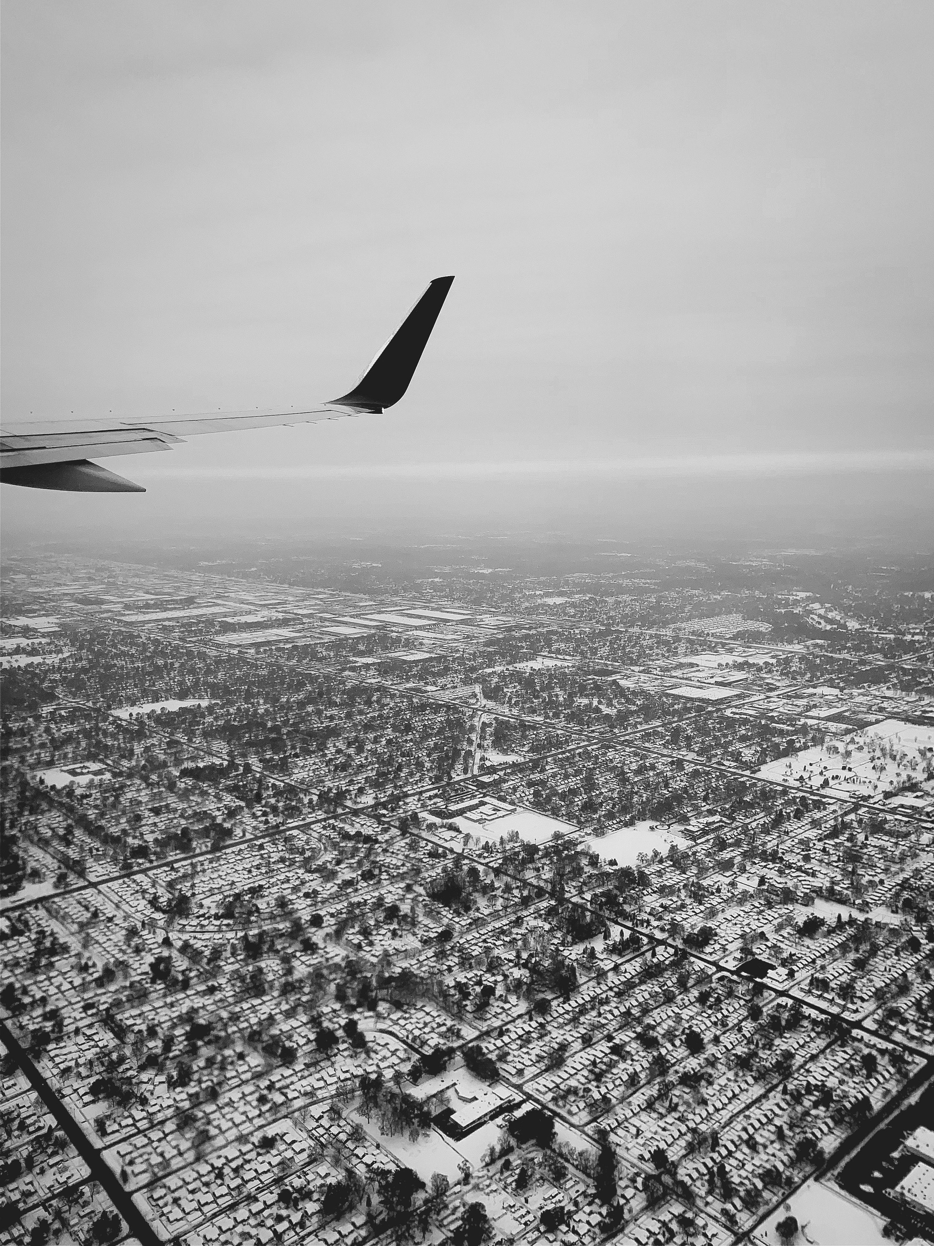 Snowy Detroit from the air, black and white