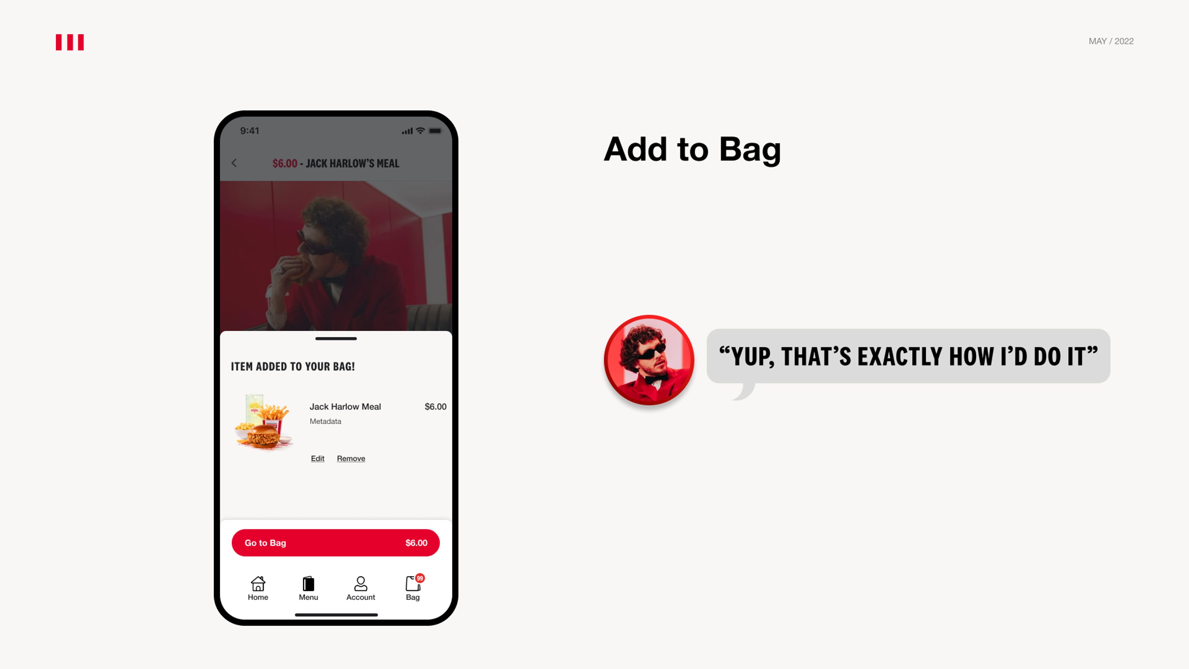 Add to bag triggers the final voice-over