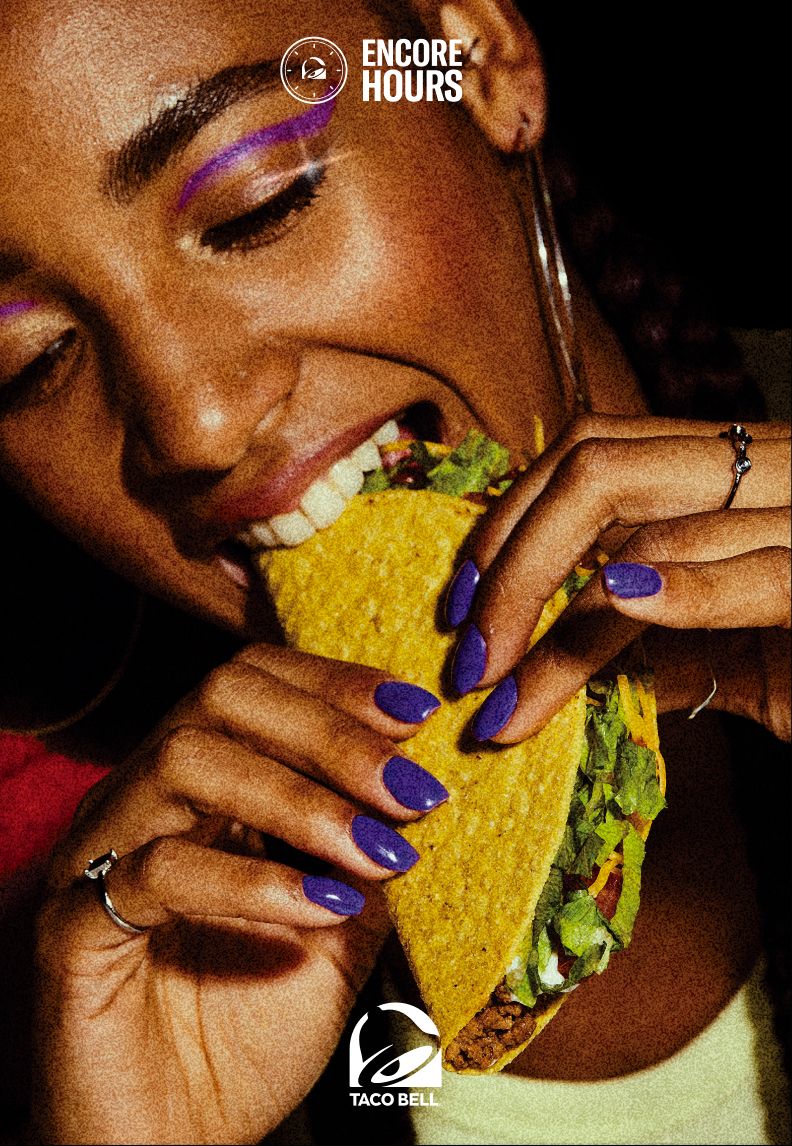 Encore Hours poster: “Encore Hours, open late till 2AM” over a taco