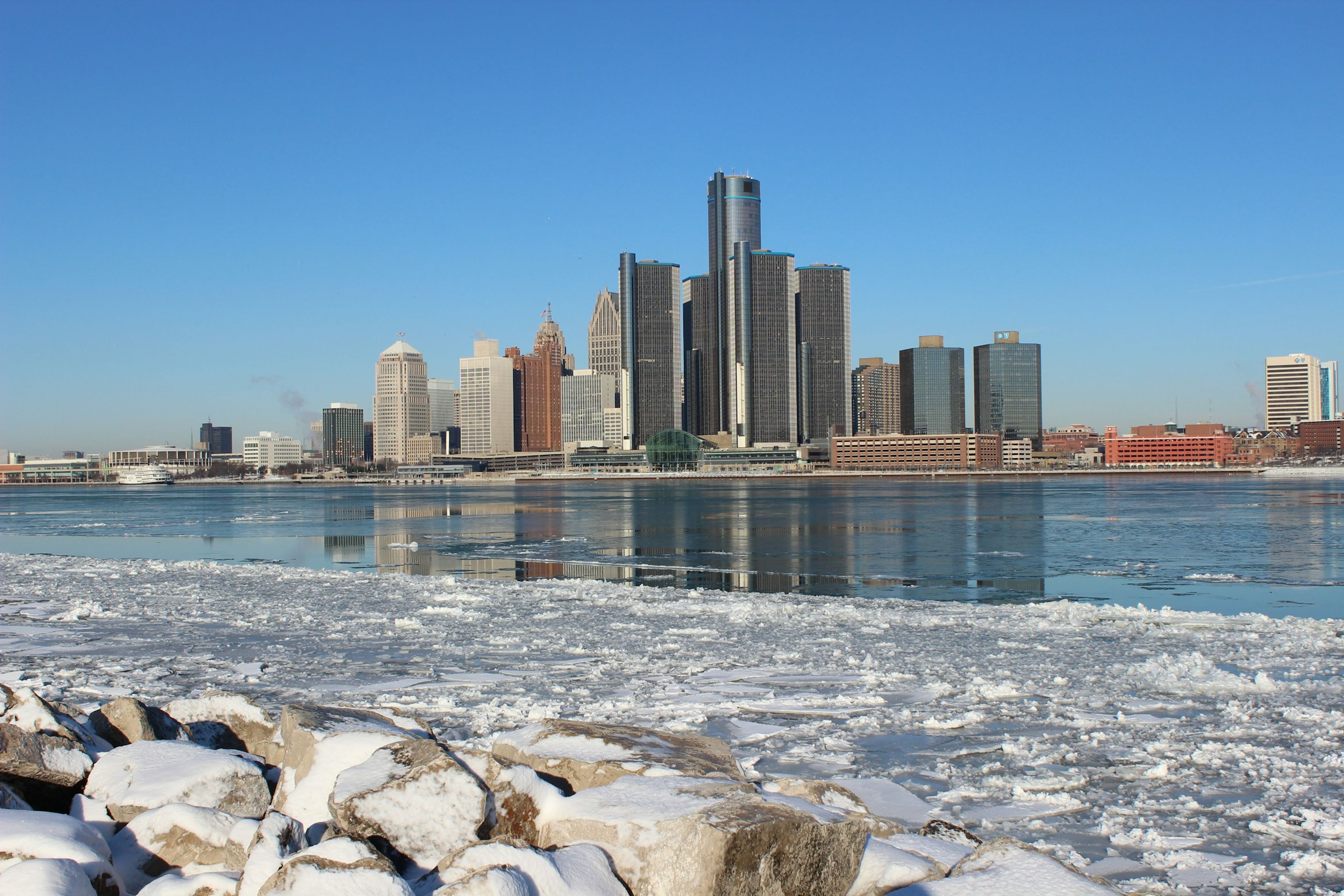 Detroit skyline across the frozen river