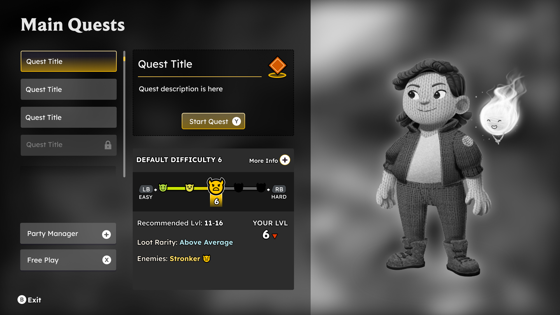 Single Player Quest Selection Screen Wireframe 