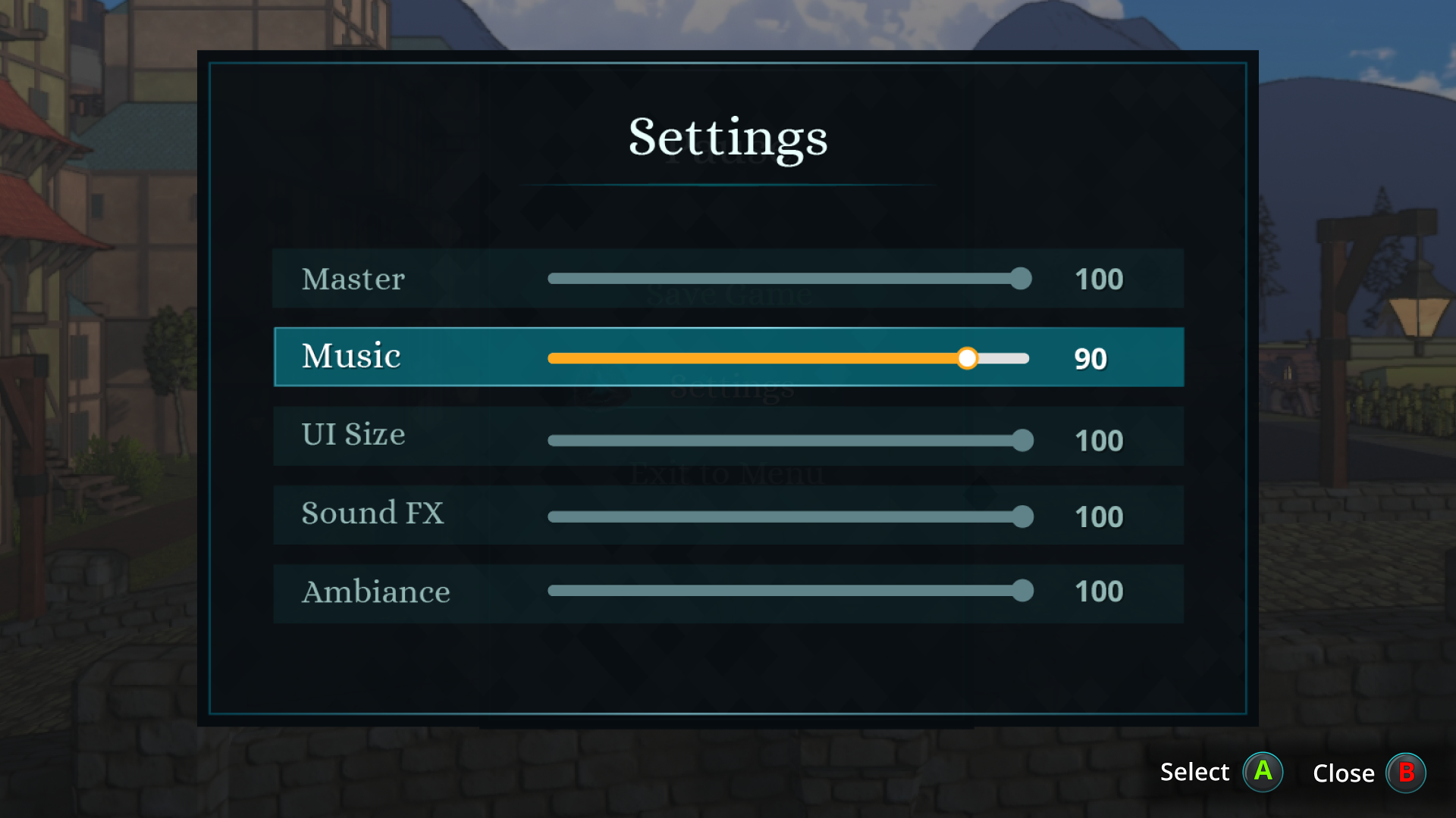 Settings menu UI