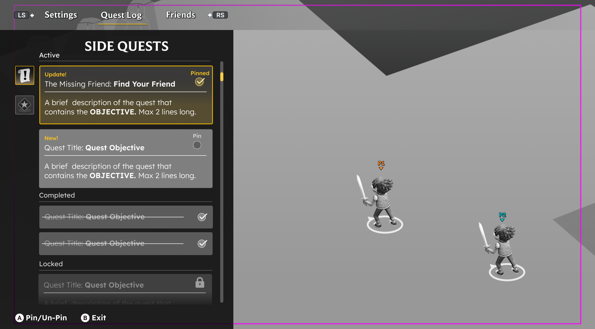 Side Quest Menu - Wireframe