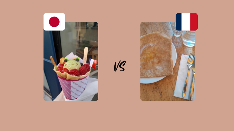 À gauche : crêpe dans le style de Harajuku, achetée à la crêperie Princess Crêpe à Paris. À droite : crêpe servie au restaurant français La Crêperie, près du Panthéon.