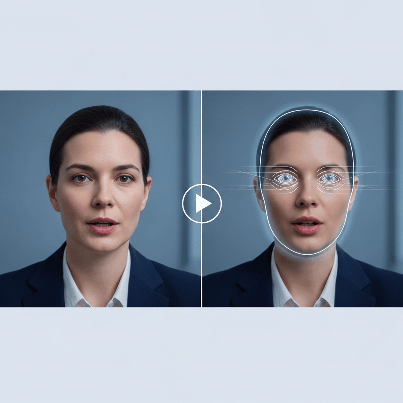 A professional video interview scene showing subtle deepfake detection signals. Split composition: on the left, a person in a video call with normal appearance; on the right, the same scene with highlighted technical artifacts - slightly misaligned lips during speech, unnatural eye tracking patterns shown with subtle motion lines, soft blurred edges around the face perimeter, and unnaturally consistent lighting that doesn't match head movement. Modern tech aesthetic with cool blue and gray tones. The visualization should feel like a technical analysis overlay or detection interface, showing the kinds of visual anomalies fraud detection systems identify. No text, words, or letters in the image.