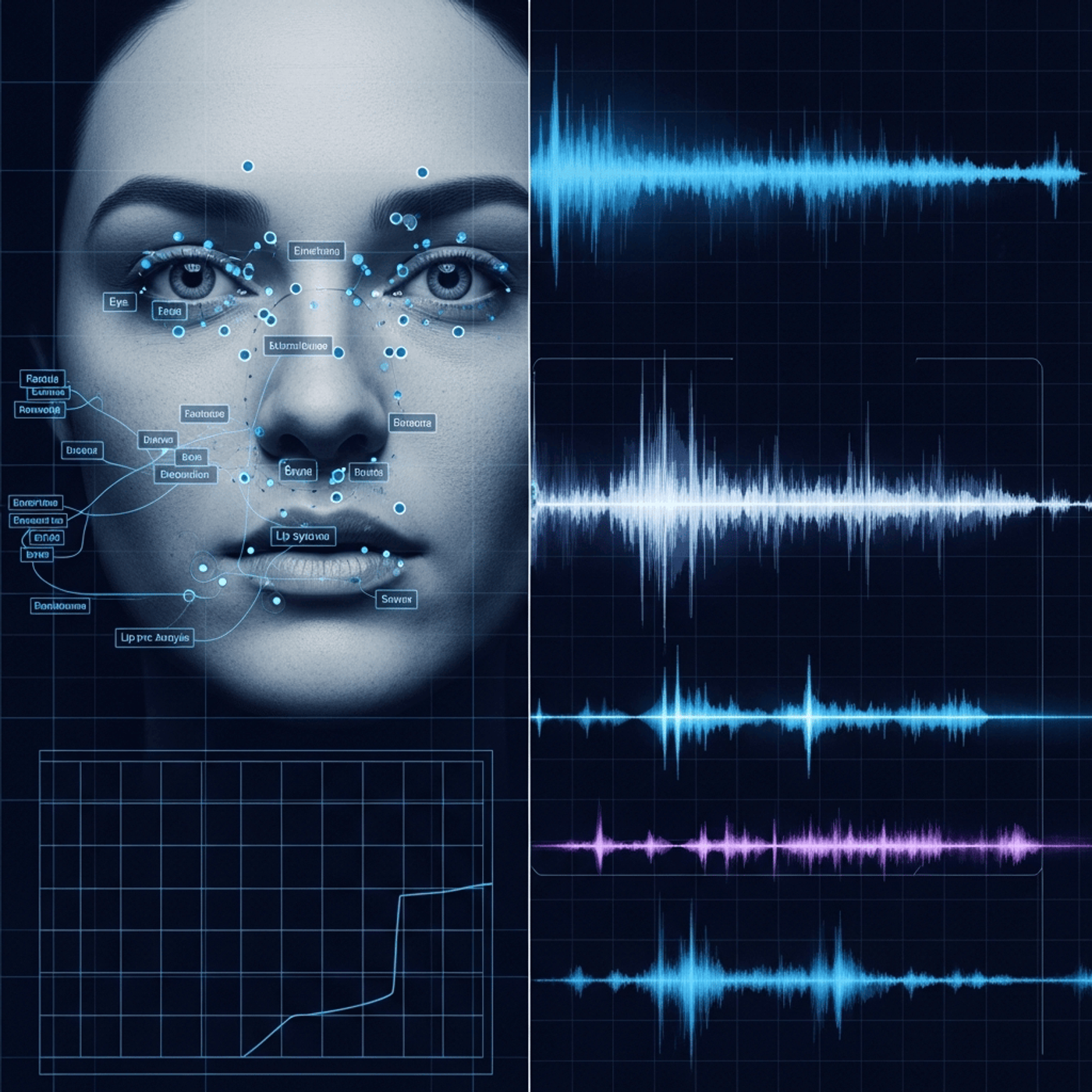 A split-screen technical visualization showing deepfake detection analysis. Left side shows a human face with overlay indicators marking eye movement tracking points, facial landmark detection nodes, and lip sync analysis grid. Right side shows abstract waveform patterns and spectral analysis visualizations representing voice pattern analysis and audio frequency anomalies. Use a forensic, technical aesthetic with subtle blue and purple accent colors, digital scan lines, and analytical overlay elements. Modern, clean, professional style without any text or letters.