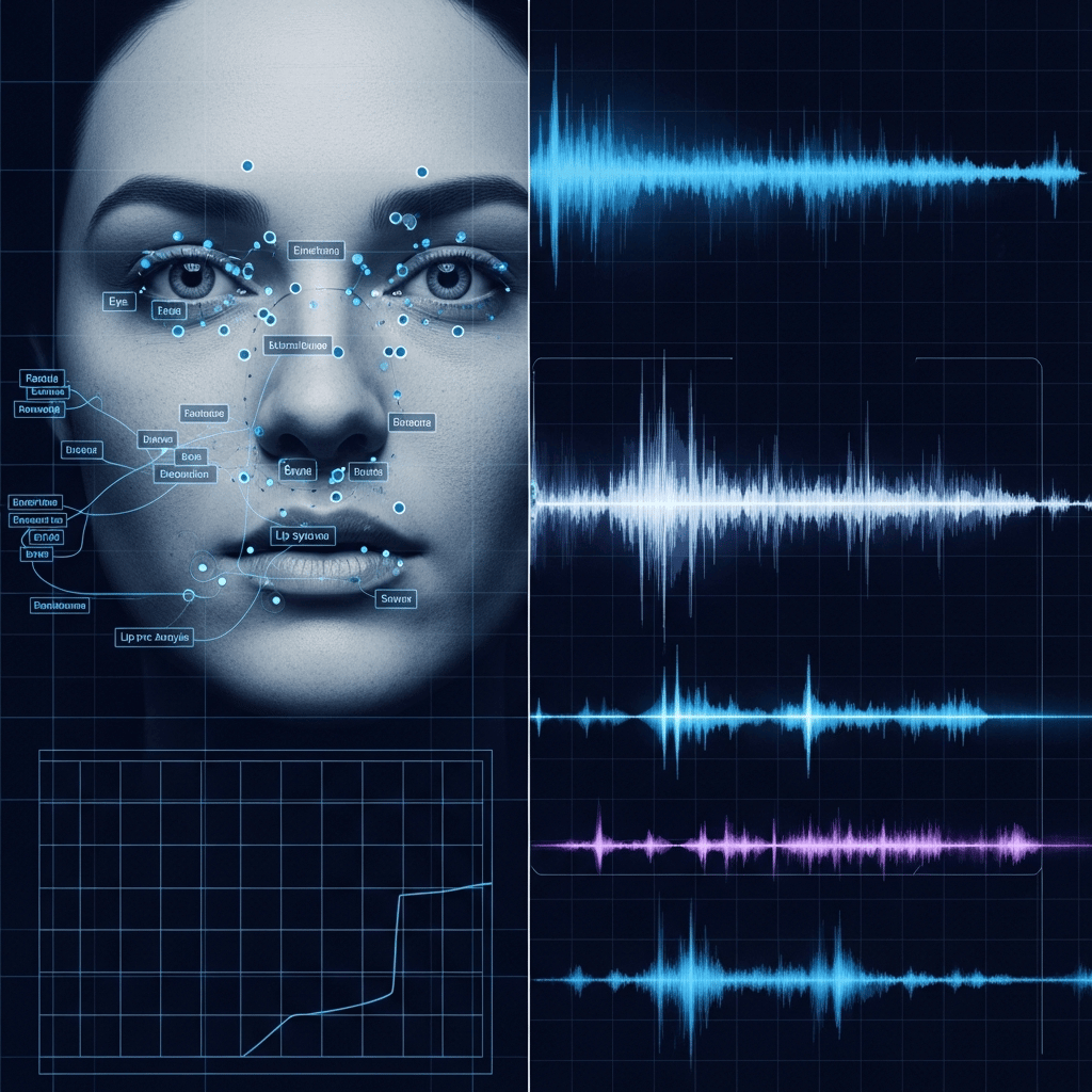 A split-screen technical visualization showing deepfake detection analysis. Left side shows a human face with overlay indicators marking eye movement tracking points, facial landmark detection nodes, and lip sync analysis grid. Right side shows abstract waveform patterns and spectral analysis visualizations representing voice pattern analysis and audio frequency anomalies. Use a forensic, technical aesthetic with subtle blue and purple accent colors, digital scan lines, and analytical overlay elements. Modern, clean, professional style without any text or letters.