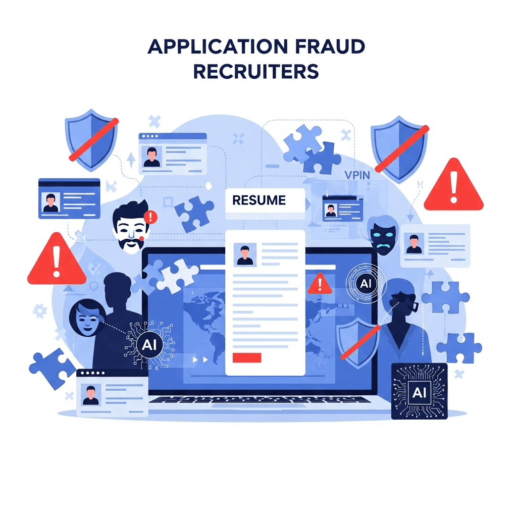 A modern digital illustration showing the landscape of application fraud targeting recruiters. Central focus on a laptop screen displaying a resume application interface, surrounded by warning symbols and threat indicators. Visual elements include: synthetic identity fragments (fragmented ID cards, puzzle pieces of personal data), AI symbols and circuit patterns representing AI-generated applications, deepfake masks or face overlays, proxy figures in shadowy silhouettes, and VPN/network routing visualizations. Color scheme: professional blues and grays with red accent warning colors. Clean, corporate security aesthetic. No text or letters visible.