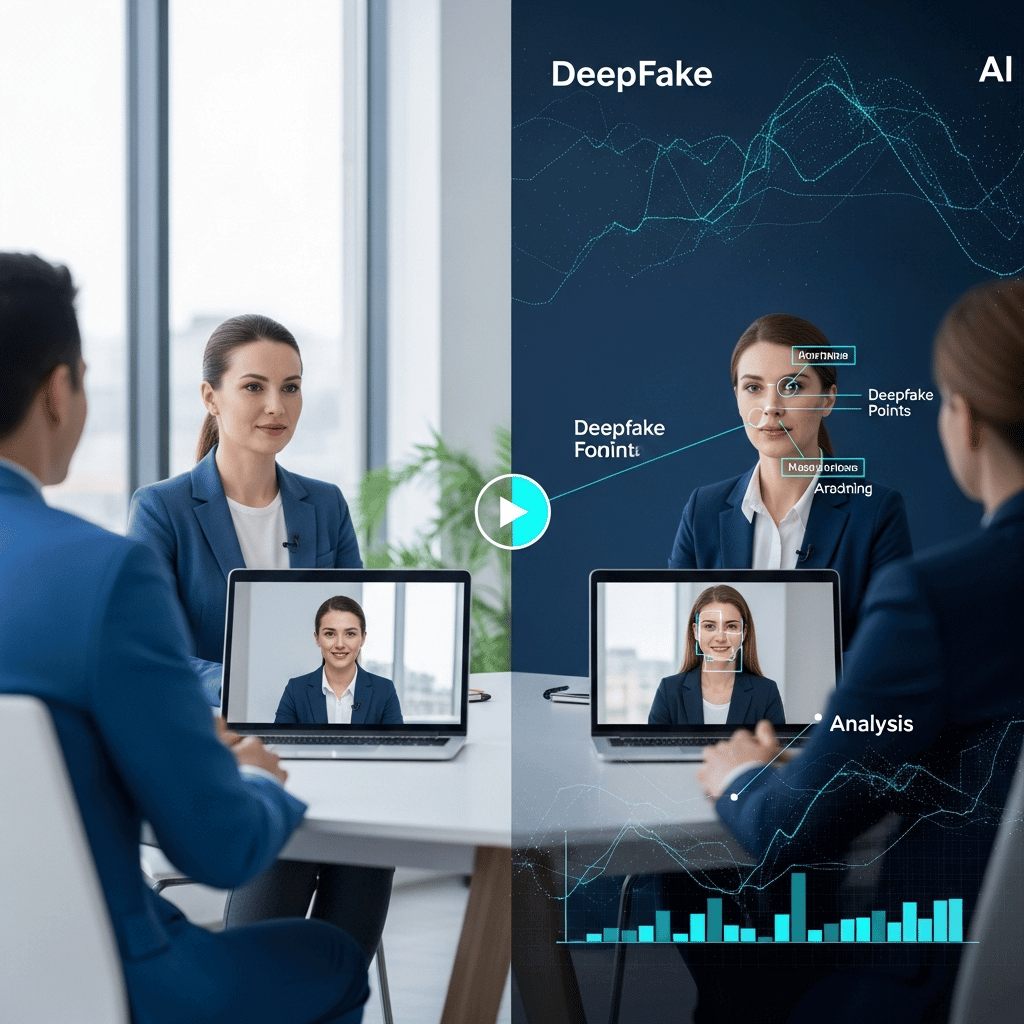 A split-screen composition showing a legitimate video interview on one side and a subtle AI-manipulated deepfake interview on the other. Professional business setting with laptop screens displaying video calls. Visualization of AI detection scanning facial features, with abstract digital overlay patterns, scanning lines, and analysis points highlighting areas where deepfakes can be detected. Modern tech aesthetic with blues, purples, and cyan accents. Clean, professional style showing the invisible layer of AI manipulation in remote interviews. No text or words.