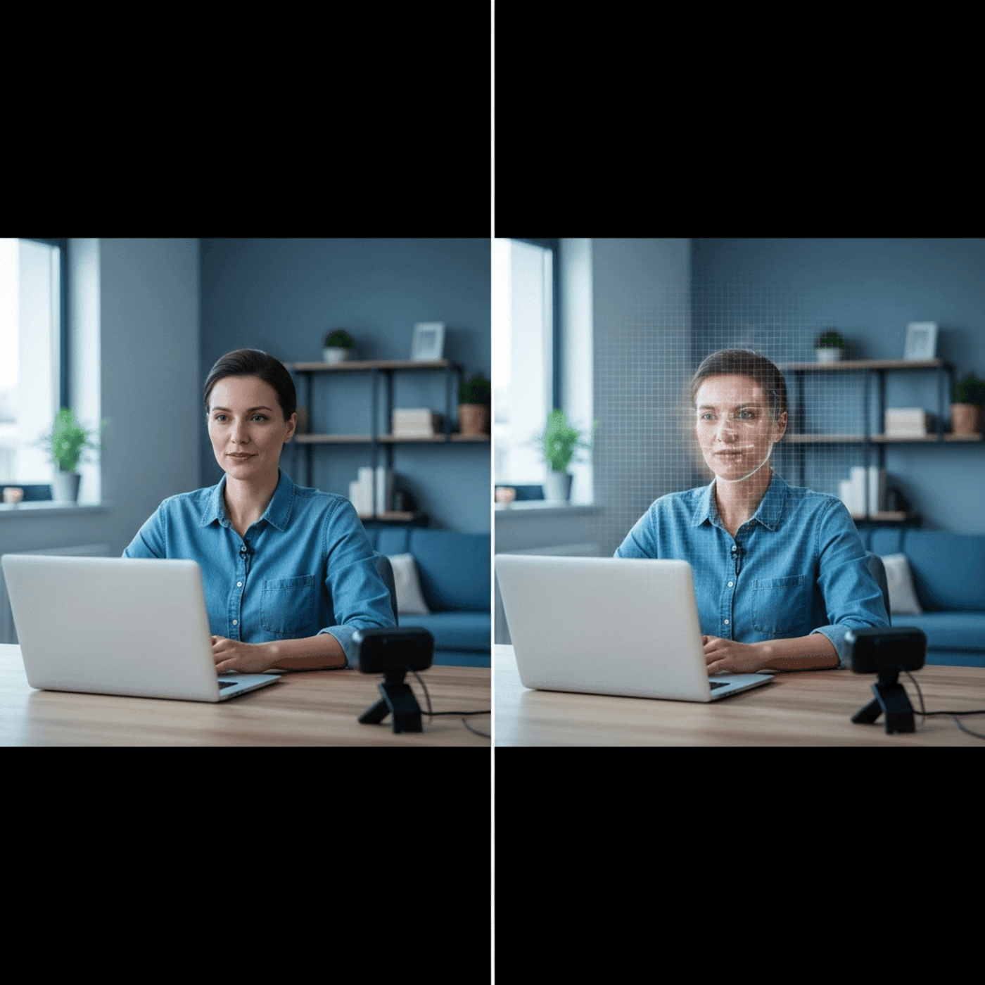 A split-screen visualization showing a video interview setup. On one side, a realistic person sitting at a desk with a laptop and webcam in a home office environment. On the other side, the same scene but with subtle digital artifacts and distortions overlaying the person's face - slight blur around facial edges, unnatural lighting consistency, and a faint digital grid pattern suggesting AI manipulation. The composition should convey the concept of deepfake technology being layered over a real video feed during a remote interview. Modern, professional style with cool blue and gray tones suggesting technology and digital manipulation.