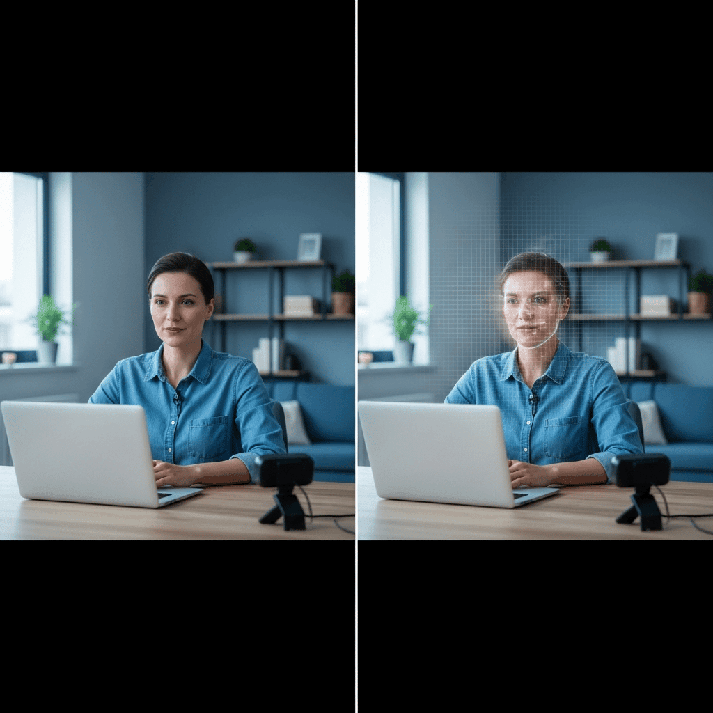 A split-screen visualization showing a video interview setup. On one side, a realistic person sitting at a desk with a laptop and webcam in a home office environment. On the other side, the same scene but with subtle digital artifacts and distortions overlaying the person's face - slight blur around facial edges, unnatural lighting consistency, and a faint digital grid pattern suggesting AI manipulation. The composition should convey the concept of deepfake technology being layered over a real video feed during a remote interview. Modern, professional style with cool blue and gray tones suggesting technology and digital manipulation.