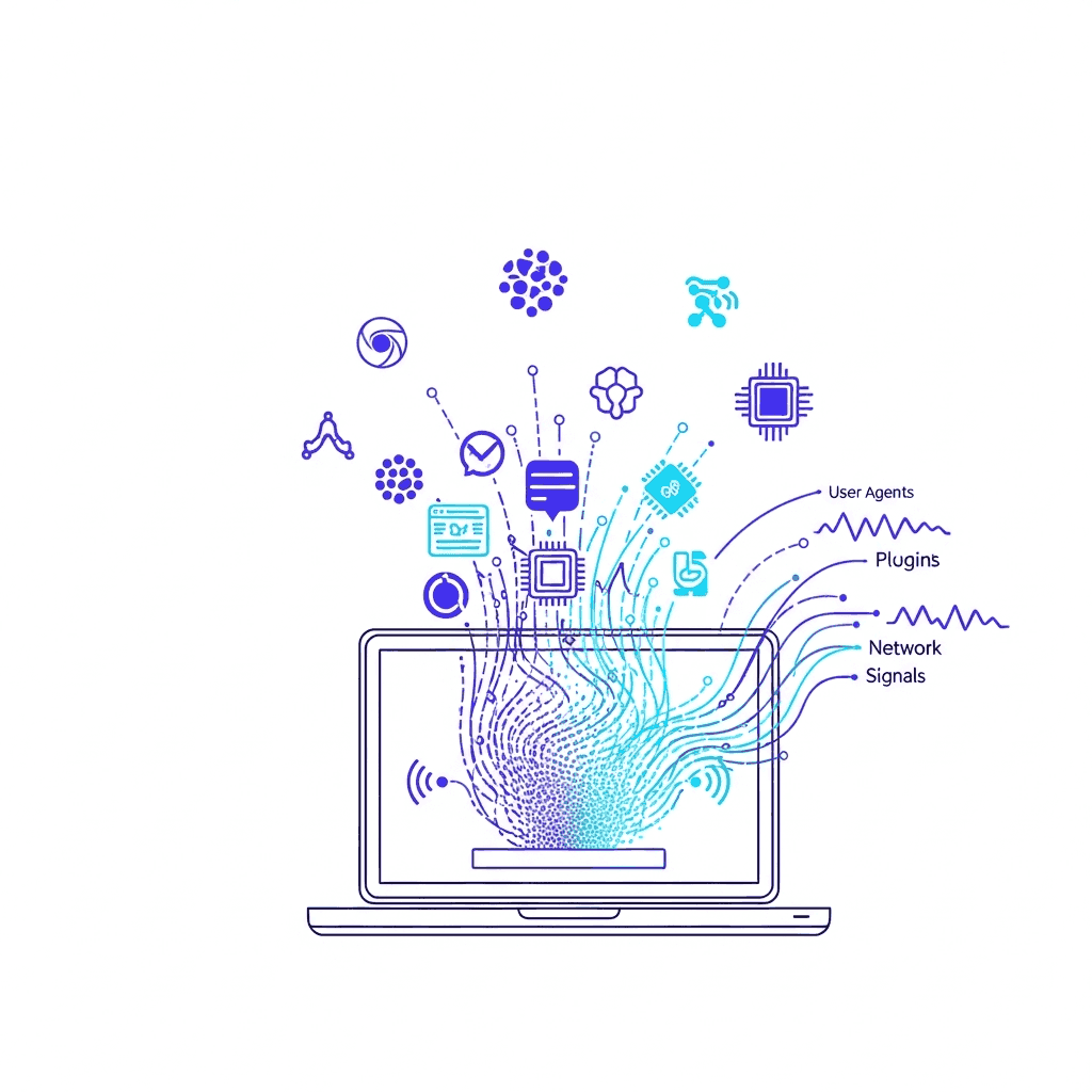 A technical illustration showing a digital device fingerprint concept - a stylized laptop or computer with abstract data points, configuration signatures, and connection lines emanating from it. Include visual elements representing browser attributes, hardware components, and network signals converging into a unique pattern or signature. Use a modern, tech-focused color palette with blues, purples, and cyans. The style should be clean, professional, and diagram-like.