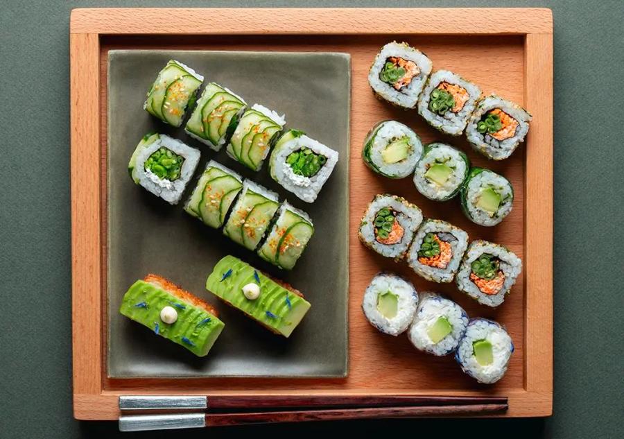 Alternatives végétariennes : carottes toban-djan, haricots verts goma, concombre cream cheese yuzu...