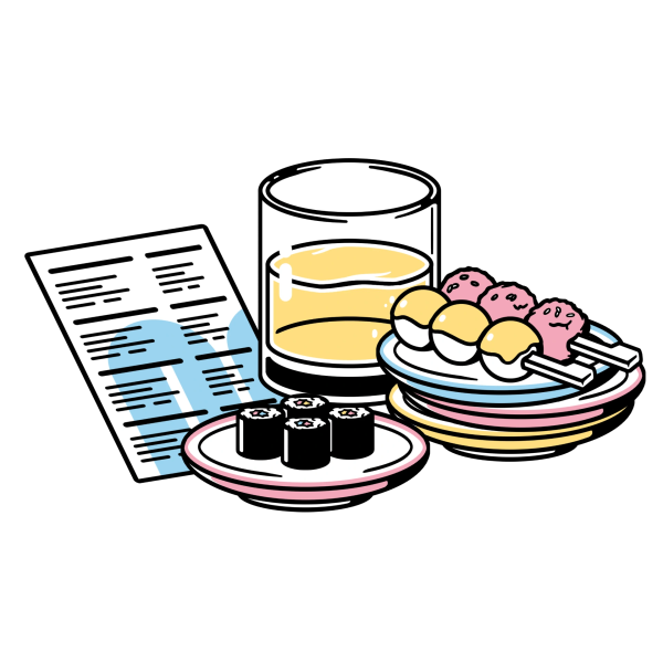 Illustration d'assiettes de sushi empilées, d'un verre et d'une carte