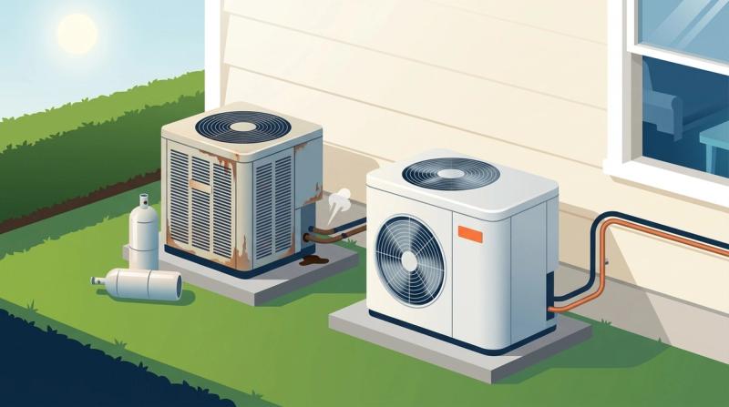 Illustration of an old leaking air conditioner condenser beside a new efficient unit outside a suburban home