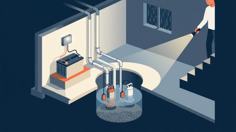 Illustration of a basement sump pit with primary and battery backup pumps running during a stormy power outage